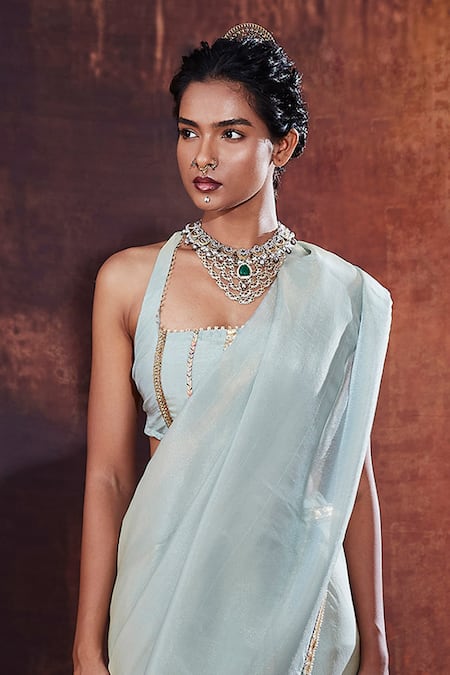 Affroz_Blue Silk Sequins, Cut Work Halter Neck Border Embroidered Saree With Blouse _Online_at_Aza_Fashions