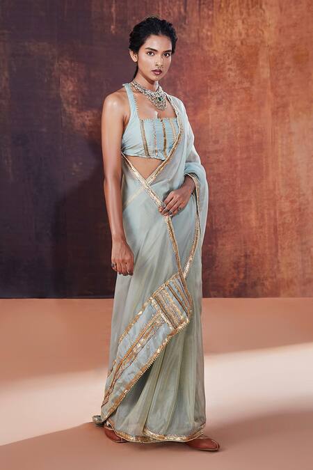 Shop_Affroz_Blue Silk Sequins, Cut Work Halter Neck Border Embroidered Saree With Blouse _Online_at_Aza_Fashions