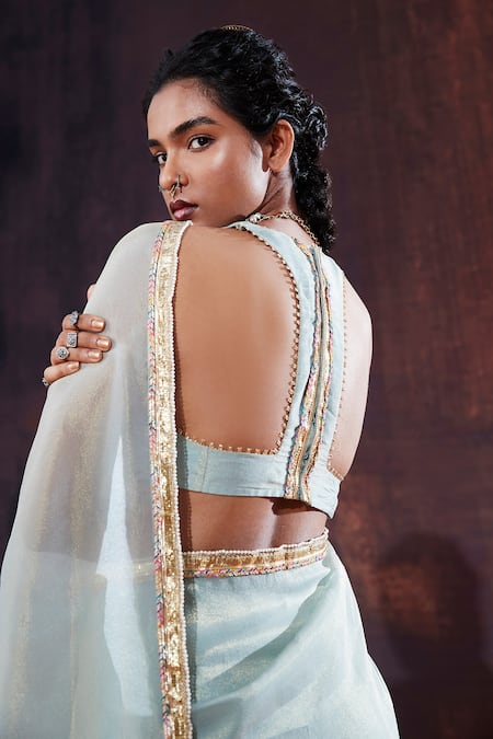 Affroz_Blue Silk Sequins, Cut Work Halter Neck Border Embroidered Saree With Blouse _at_Aza_Fashions