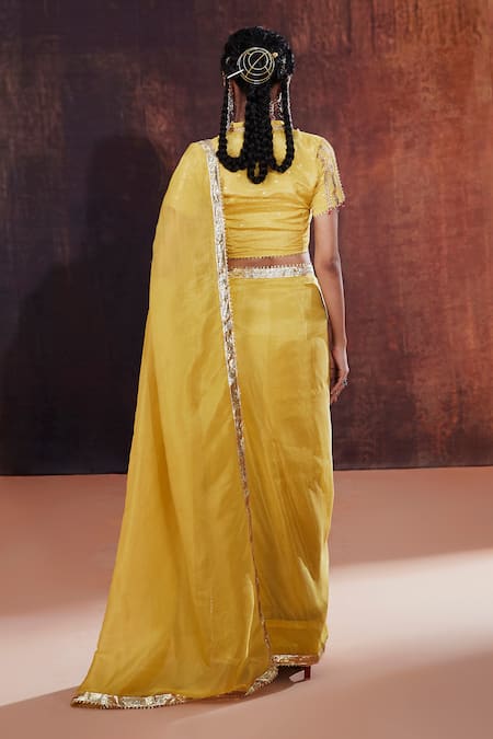 Shop_Affroz_Yellow Silk, Jacquard Gota Patti Open Neck Lace Embellished Saree With Blouse _at_Aza_Fashions