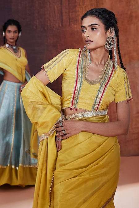 Affroz_Yellow Silk, Jacquard Gota Patti Open Neck Lace Embellished Saree With Blouse _Online_at_Aza_Fashions