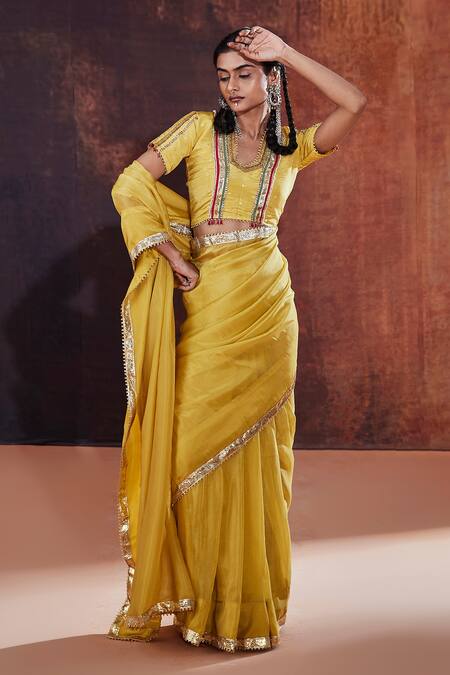 Buy_Affroz_Yellow Silk, Jacquard Gota Patti Open Neck Lace Embellished Saree With Blouse _Online_at_Aza_Fashions