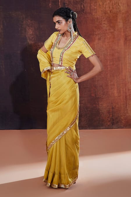 Shop_Affroz_Yellow Silk, Jacquard Gota Patti Open Neck Lace Embellished Saree With Blouse _Online_at_Aza_Fashions
