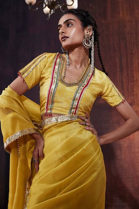 Affroz_Yellow Silk, Jacquard Gota Patti Open Neck Lace Embellished Saree With Blouse _at_Aza_Fashions