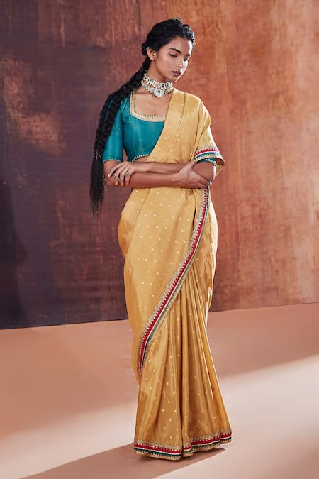 Affroz Gold Silk, Tissue, Jacquard Embroidery Scoop Polka Dot Woven Saree With Blouse Online at Aza Fashions Affroz_Gold Silk, Tissue, Jacquard Embroidery Scoop Polka Dot Woven Saree With Blouse _Online_at_Aza_Fashions