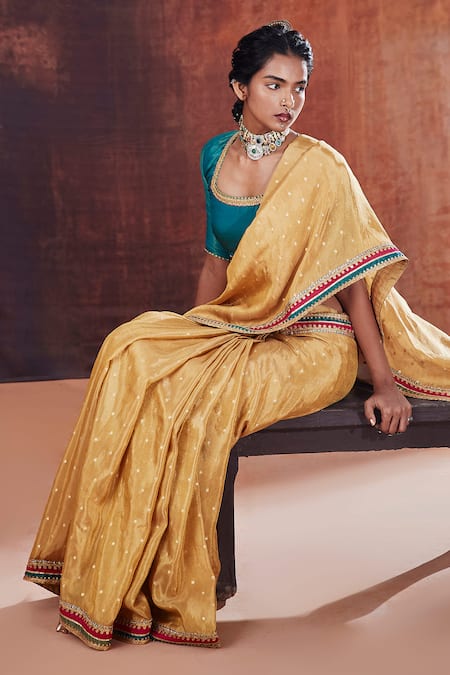 Shop Affroz Gold Silk, Tissue, Jacquard Embroidery Scoop Polka Dot Woven Saree With Blouse Online at Aza Fashions Shop_Affroz_Gold Silk, Tissue, Jacquard Embroidery Scoop Polka Dot Woven Saree With Blouse _Online_at_Aza_Fashions