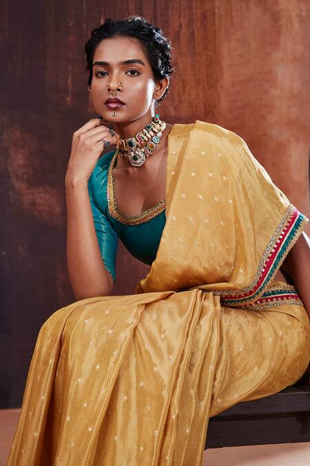 Affroz Gold Silk, Tissue, Jacquard Embroidery Scoop Polka Dot Woven Saree With Blouse at Aza Fashions Affroz_Gold Silk, Tissue, Jacquard Embroidery Scoop Polka Dot Woven Saree With Blouse _at_Aza_Fashions