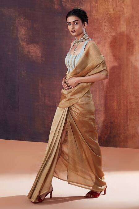 Affroz Gold Silk Lace Square Neck Pre-draped Saree With Embellished Blouse Online at Aza Fashions Affroz_Gold Silk Lace Square Neck Pre-draped Saree With Embellished Blouse _Online_at_Aza_Fashions
