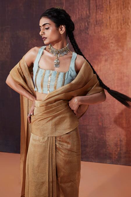 Buy Affroz Gold Silk Lace Square Neck Pre-draped Saree With Embellished Blouse Online at Aza Fashions Buy_Affroz_Gold Silk Lace Square Neck Pre-draped Saree With Embellished Blouse _Online_at_Aza_Fashions