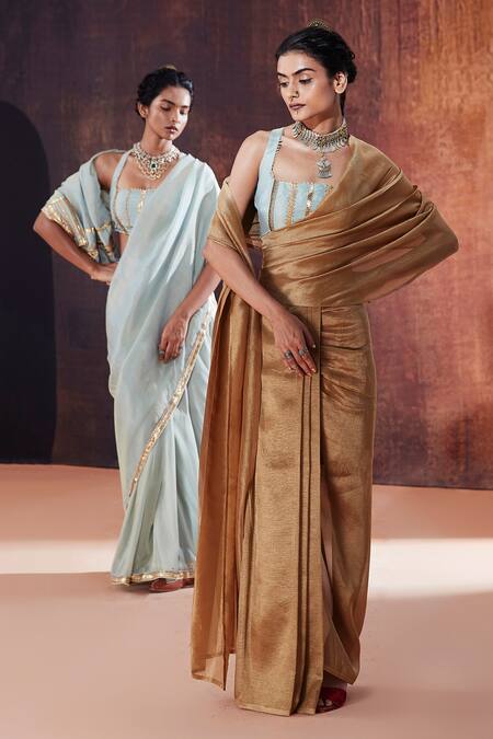 Shop Affroz Gold Silk Lace Square Neck Pre-draped Saree With Embellished Blouse Online at Aza Fashions Shop_Affroz_Gold Silk Lace Square Neck Pre-draped Saree With Embellished Blouse _Online_at_Aza_Fashions