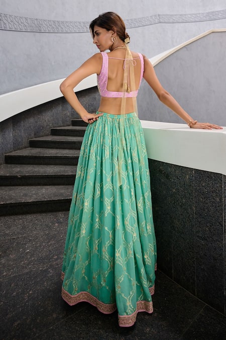 Shop Chamee And Palak Green Georgette, Net, Silk Lace, Pearls Square Neck Veda Detailed Lehenga Set at Aza Fashions Shop_Chamee And Palak_Green Georgette, Net, Silk Lace, Pearls Square Neck Veda Detailed Lehenga Set _at_Aza_Fashions