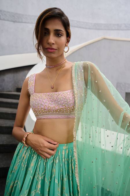 Buy Chamee And Palak Green Georgette, Net, Silk Lace, Pearls Square Neck Veda Detailed Lehenga Set Online at Aza Fashions Buy_Chamee And Palak_Green Georgette, Net, Silk Lace, Pearls Square Neck Veda Detailed Lehenga Set _Online_at_Aza_Fashions