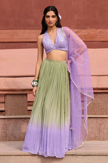 Chamee And Palak Purple Georgette, Net, Silk Sequins Halter Neck Reina Ombre Lehenga Set at Aza Fashions Chamee And Palak_Purple Georgette, Net, Silk Sequins Halter Neck Reina Ombre Lehenga Set _at_Aza_Fashions