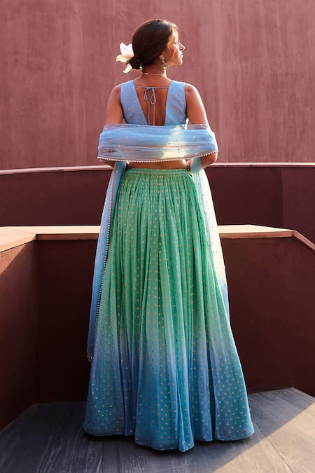 Chamee And Palak Blue Georgette, Net, Silk Piping, Embroidery Emma Gathered Ombre Lehenga Set Online at Aza Fashions Chamee And Palak_Blue Georgette, Net, Silk Piping, Embroidery Emma Gathered Ombre Lehenga Set _Online_at_Aza_Fashions