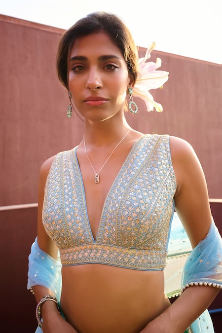 Shop Chamee And Palak Blue Georgette, Net, Silk Piping, Embroidery Emma Gathered Ombre Lehenga Set Online at Aza Fashions Shop_Chamee And Palak_Blue Georgette, Net, Silk Piping, Embroidery Emma Gathered Ombre Lehenga Set _Online_at_Aza_Fashions