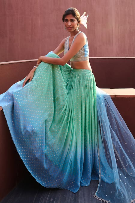 Chamee And Palak Blue Georgette, Net, Silk Piping, Embroidery Emma Gathered Ombre Lehenga Set at Aza Fashions Chamee And Palak_Blue Georgette, Net, Silk Piping, Embroidery Emma Gathered Ombre Lehenga Set _at_Aza_Fashions