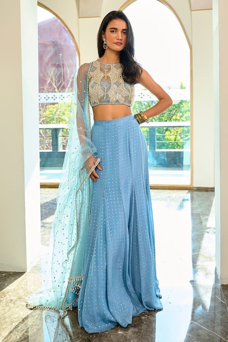 Chamee and Palak Grey Georgette Embroidered Zardozi High Eva Blouse Lehenga Set 