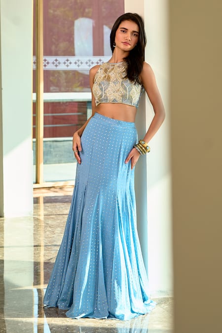 Chamee And Palak Grey Net, Georgette, Silk Zari, Beads High Eva Embroidered Blouse Lehenga Set at Aza Fashions Chamee And Palak_Grey Net, Georgette, Silk Zari, Beads High Eva Embroidered Blouse Lehenga Set _at_Aza_Fashions