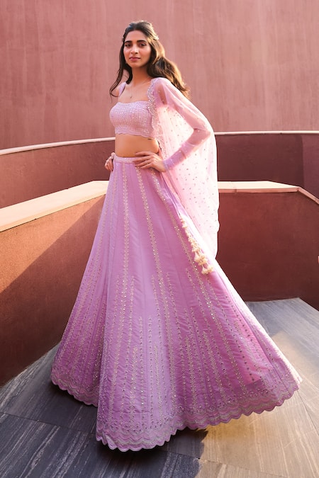 Chamee And Palak_Purple Silk, Net Zari, Mirrors Sweetheart Neck Riya Embroidered Lehenga Set _at_Aza_Fashions
