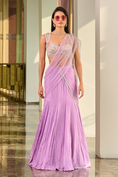 Buy_Chamee And Palak_Purple Silk, Net, Georgette Sequins, Beads Embroidered Blouse Lehenga Set _Online_at_Aza_Fashions