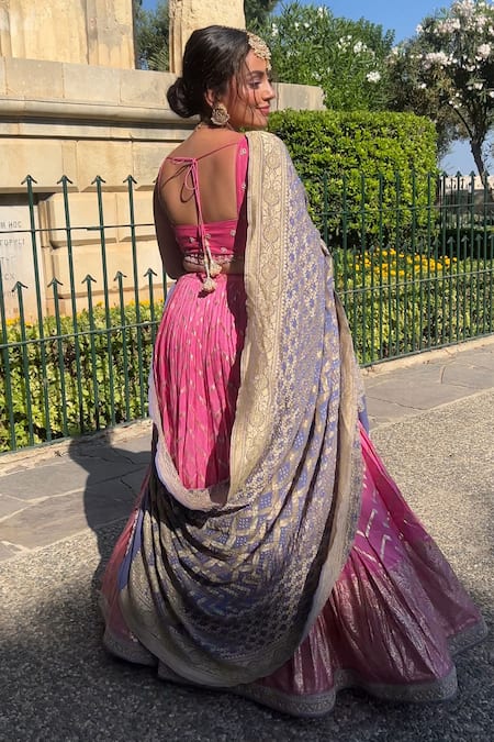 Chamee And Palak Pink Georgette, Silk Zari Scoop Neck Chevron Detailed Lehenga Set Online at Aza Fashions Chamee And Palak_Pink Georgette, Silk Zari Scoop Neck Chevron Detailed Lehenga Set _Online_at_Aza_Fashions