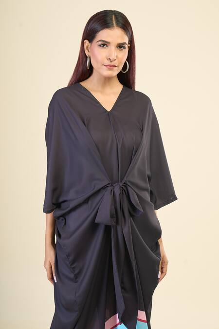 Shop_Naintara Bajaj_Black Georgette V-neck Chelsea Abstract Print Tie Up Kaftan _Online_at_Aza_Fashions