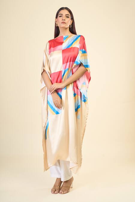 Shop_Samyukta Singhania_Beige Boat Neck Sunshine Geometric Print Kaftan _Online_at_Aza_Fashions