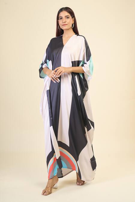 Shop Naintara Bajaj Black Silk, Crepe V-neck Abstract Print Kaftan Online at Aza Fashions Shop_Naintara Bajaj_Black Silk, Crepe V-neck Abstract Print Kaftan _Online_at_Aza_Fashions