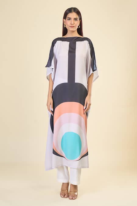 Naintara Bajaj_Multi Color Silk, Crepe Boat Neck Soft Abstract Print Kaftan _Online_at_Aza_Fashions