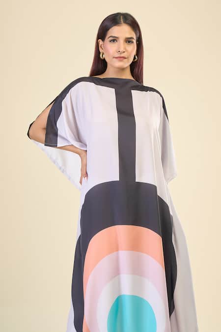 Shop_Naintara Bajaj_Multi Color Silk, Crepe Boat Neck Soft Abstract Print Kaftan _Online_at_Aza_Fashions
