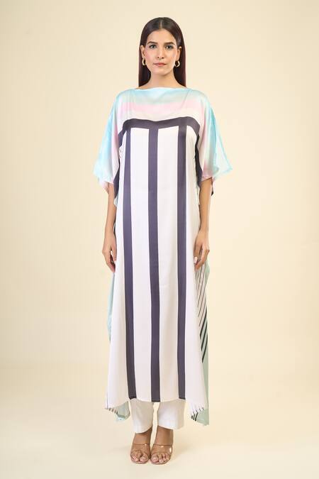 Naintara Bajaj White Silk, Satin Boat Neck Street Stripe Print Kaftan Online at Aza Fashions Naintara Bajaj_White Silk, Satin Boat Neck Street Stripe Print Kaftan _Online_at_Aza_Fashions