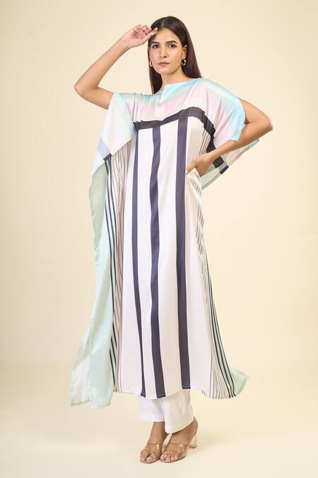 Buy Naintara Bajaj White Silk, Satin Boat Neck Street Stripe Print Kaftan Online at Aza Fashions Buy_Naintara Bajaj_White Silk, Satin Boat Neck Street Stripe Print Kaftan _Online_at_Aza_Fashions