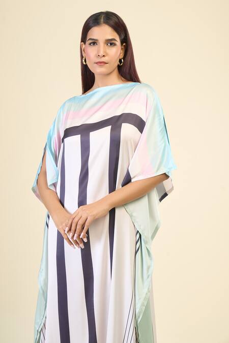 Shop Naintara Bajaj White Silk, Satin Boat Neck Street Stripe Print Kaftan Online at Aza Fashions Shop_Naintara Bajaj_White Silk, Satin Boat Neck Street Stripe Print Kaftan _Online_at_Aza_Fashions