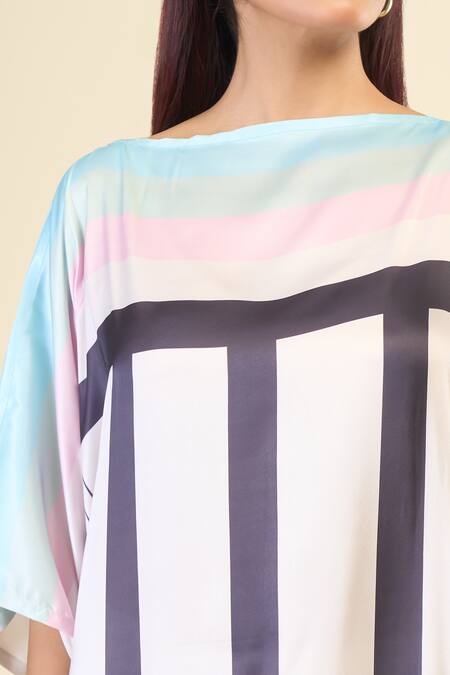 Naintara Bajaj White Silk, Satin Boat Neck Street Stripe Print Kaftan at Aza Fashions Naintara Bajaj_White Silk, Satin Boat Neck Street Stripe Print Kaftan _at_Aza_Fashions