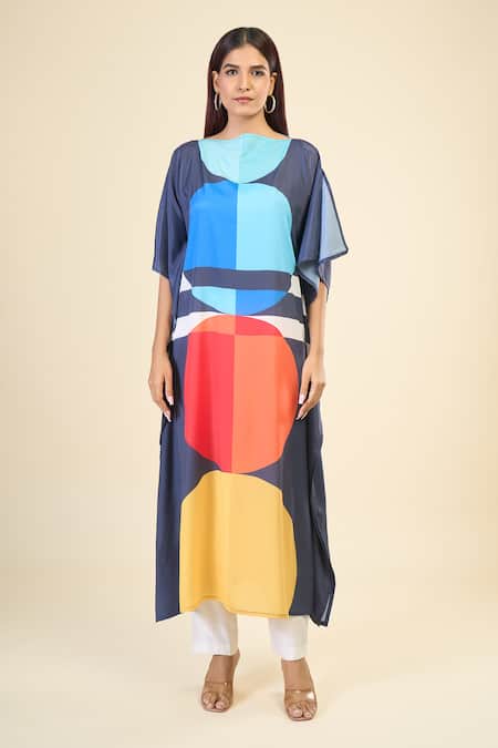 Naintara Bajaj Multi Color Silk, Crepe Boat Neck Pop Out Print Kaftan Online at Aza Fashions Naintara Bajaj_Multi Color Silk, Crepe Boat Neck Pop Out Print Kaftan _Online_at_Aza_Fashions