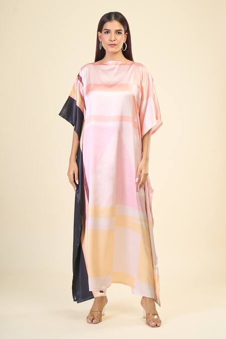 Naintara Bajaj_Multi Color Satin, Silk Boat Neck Pastel Hues Abstract Print Kaftan _Online_at_Aza_Fashions