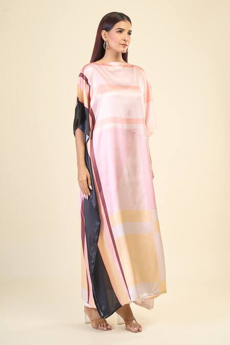 Buy_Naintara Bajaj_Multi Color Satin, Silk Boat Neck Pastel Hues Abstract Print Kaftan _Online_at_Aza_Fashions