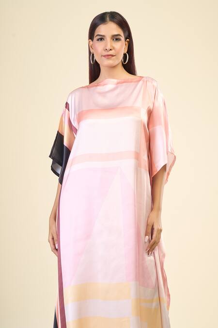 Shop_Naintara Bajaj_Multi Color Satin, Silk Boat Neck Pastel Hues Abstract Print Kaftan _Online_at_Aza_Fashions