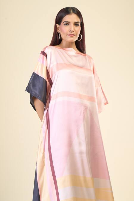 Naintara Bajaj_Multi Color Satin, Silk Boat Neck Pastel Hues Abstract Print Kaftan _at_Aza_Fashions