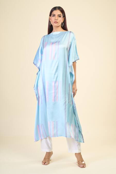 Naintara Bajaj Blue Silk, Crepe Boat Neck Wildflower Stripe Print Kaftan Online at Aza Fashions Naintara Bajaj_Blue Silk, Crepe Boat Neck Wildflower Stripe Print Kaftan _Online_at_Aza_Fashions