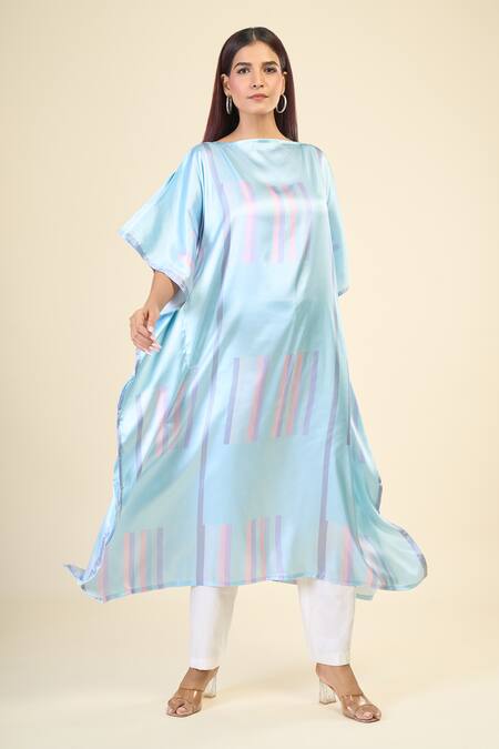 Buy Naintara Bajaj Blue Silk, Crepe Boat Neck Wildflower Stripe Print Kaftan Online at Aza Fashions Buy_Naintara Bajaj_Blue Silk, Crepe Boat Neck Wildflower Stripe Print Kaftan _Online_at_Aza_Fashions