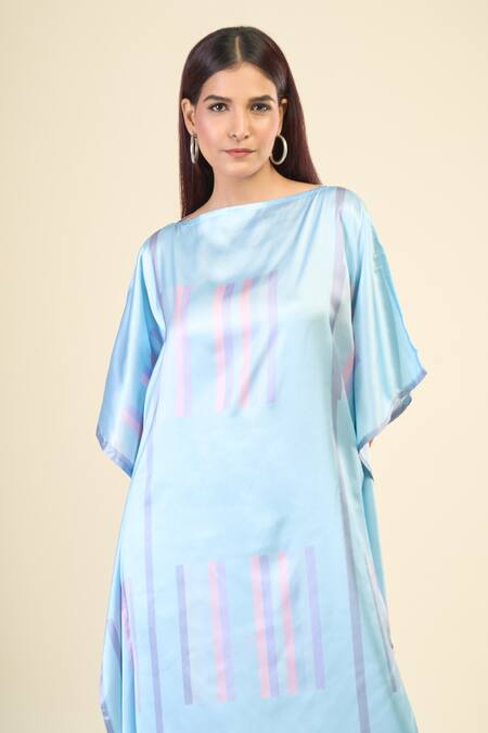 Shop Naintara Bajaj Blue Silk, Crepe Boat Neck Wildflower Stripe Print Kaftan Online at Aza Fashions Shop_Naintara Bajaj_Blue Silk, Crepe Boat Neck Wildflower Stripe Print Kaftan _Online_at_Aza_Fashions