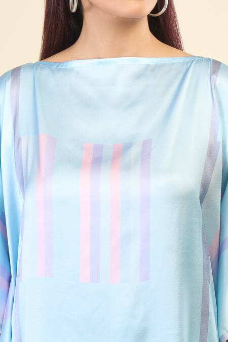 Naintara Bajaj Blue Silk, Crepe Boat Neck Wildflower Stripe Print Kaftan at Aza Fashions Naintara Bajaj_Blue Silk, Crepe Boat Neck Wildflower Stripe Print Kaftan _at_Aza_Fashions