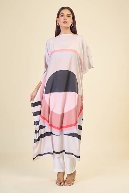 Buy_Naintara Bajaj_Beige Silk, Crepe Boat Neck Dreamy Kaftan Dress _Online_at_Aza_Fashions