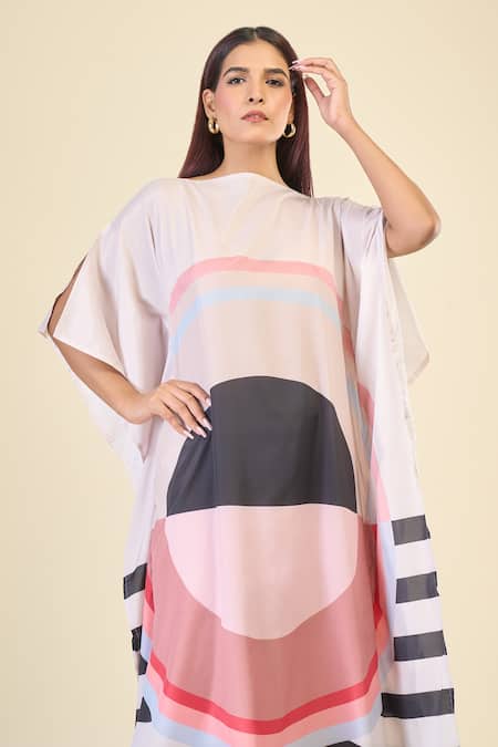 Shop_Naintara Bajaj_Beige Silk, Crepe Boat Neck Dreamy Kaftan Dress _Online_at_Aza_Fashions