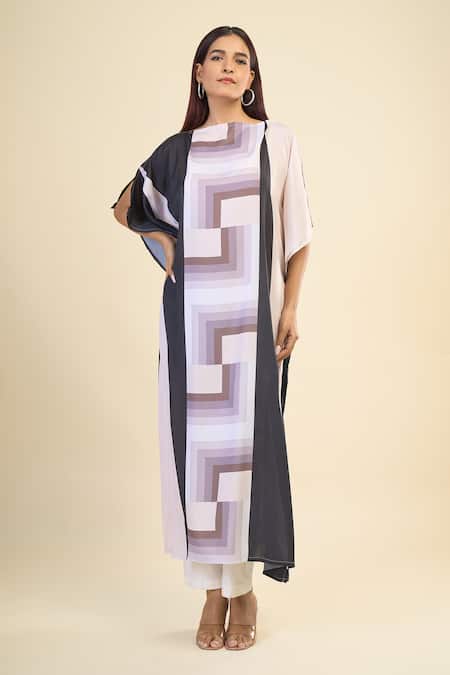 Naintara Bajaj_Black Silk, Crepe Boat Neck Vintage Abstract Geometric Print Kaftan _Online_at_Aza_Fashions
