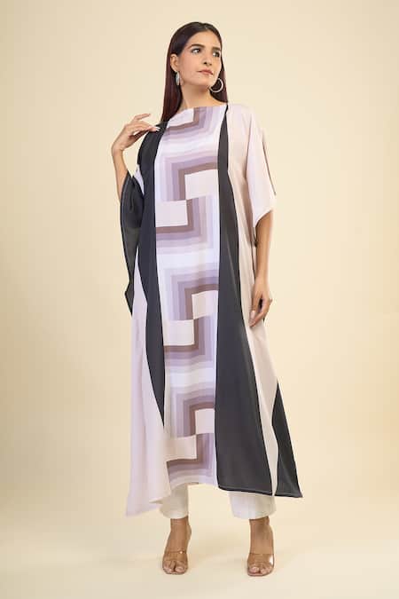 Buy_Naintara Bajaj_Black Silk, Crepe Boat Neck Vintage Abstract Geometric Print Kaftan _Online_at_Aza_Fashions