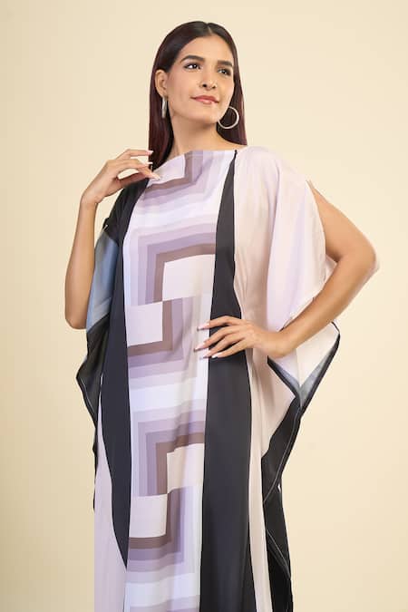 Shop_Naintara Bajaj_Black Silk, Crepe Boat Neck Vintage Abstract Geometric Print Kaftan _Online_at_Aza_Fashions