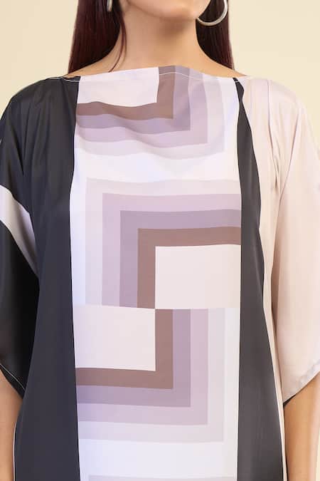 Naintara Bajaj_Black Silk, Crepe Boat Neck Vintage Abstract Geometric Print Kaftan _at_Aza_Fashions