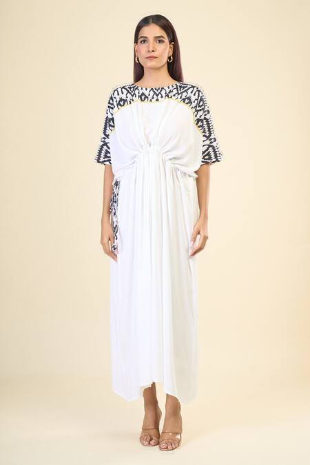 Samyukta Singhania White 100% Natural Viscose Rayon Printed Ikat Boat Serene Kaftan Dress  3